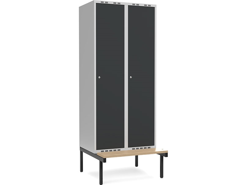 VaatekaappiKaappi 2x400mm, jossa suora katto, antrasiittinen ovi sylinterilukolla ja penkkiistuin