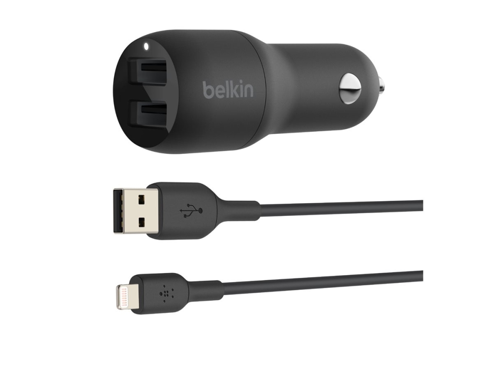 Belkin BoostCharge Dual Charger - Strömadapter för bil - 24 Watt - 4.8 A - 2 utdatakontakter (USB) - på kabel: Lightning - svart | Tele & GPS - Batteri & Laddare - Billaddare | GameStuff