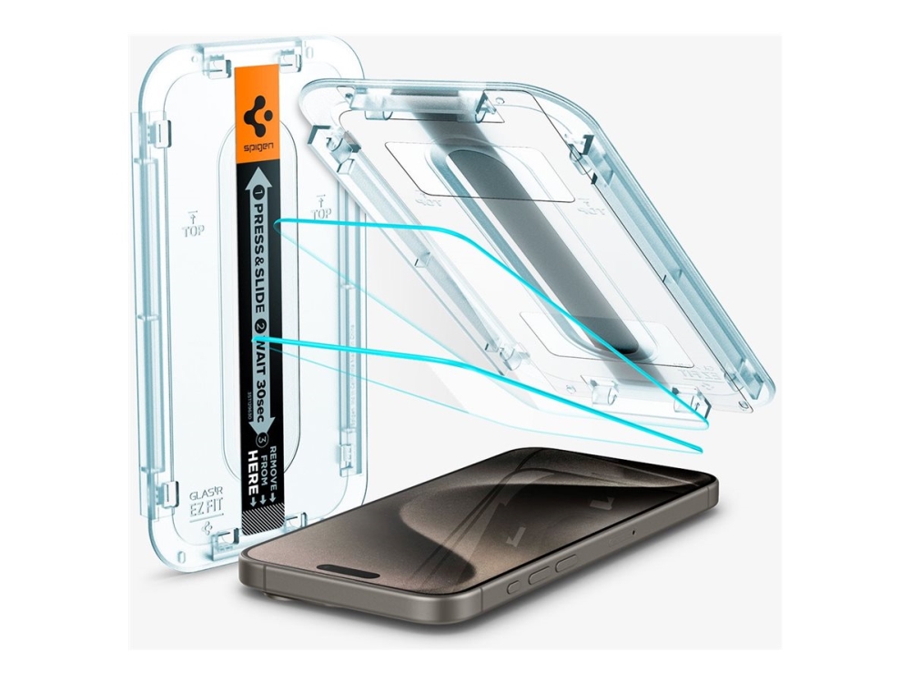 Spigen GLAS.tR EZ Fit - Skærmbeskytter for mobiltelefon - sensor beskyttet - glas - gennemsigtig - for Apple iPhone 15 Pro