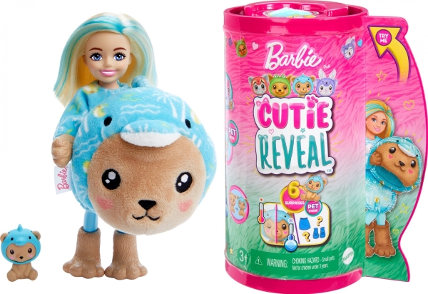 Mattel Chelsea Cutie Reveal Set, Softie Kostüm Serie - Waschbär + Delfin