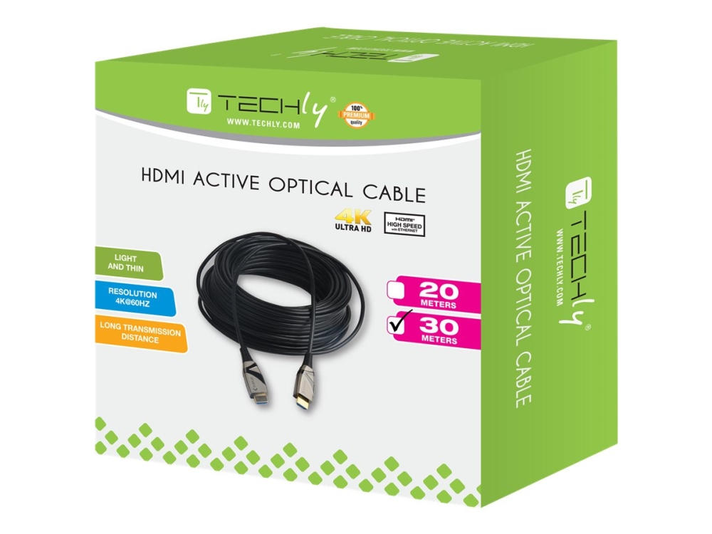 Techly - High Speed - Hdmi-Kabel Med Ethernet - Hdmi Han Til Hdmi Han - 30 M - Fiberoptik - Sort - 4K Support