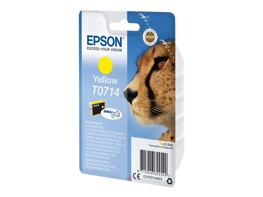 Epson T0714 - 5.5 Ml - Gul - Original - Blækpatron - For Stylus Dx9400, Sx115, Sx210, Sx215, Sx218, Sx415, Sx515, Sx610 Stylus Office Bx310, Bx610