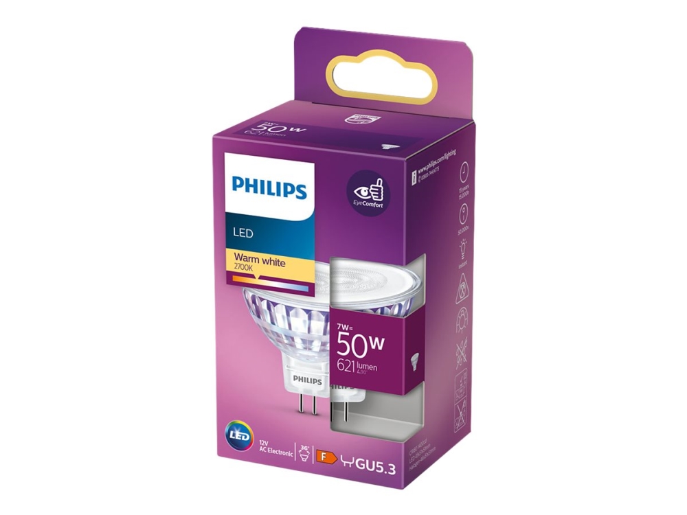 Philips - Led-Spot-Glühbirne - Form: Mr16 - Gu5.3 - 7 W (Entspricht 50 W) - Klasse F - Warmweißes Licht - 2700 K