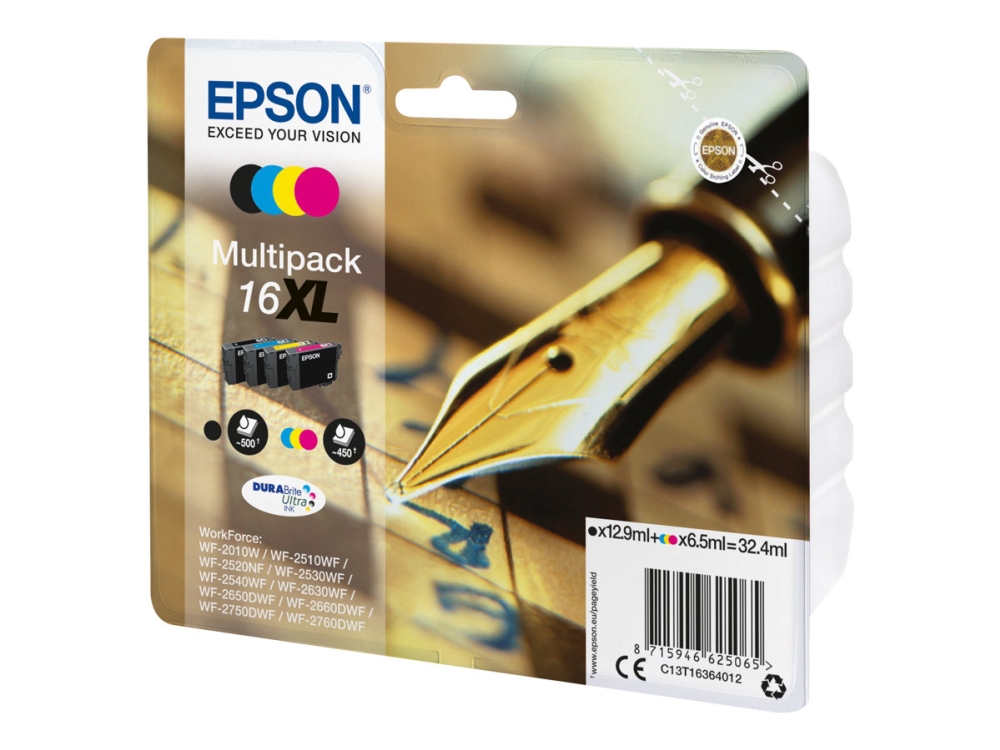 Epson 16Xl Multipack - 4 Packungen - Xl - Schwarz, Gelb, Cyan, Magenta - Original - Blister - Tintenpatrone - Für Workforce Wf-2010, 2510, 2520, 2530