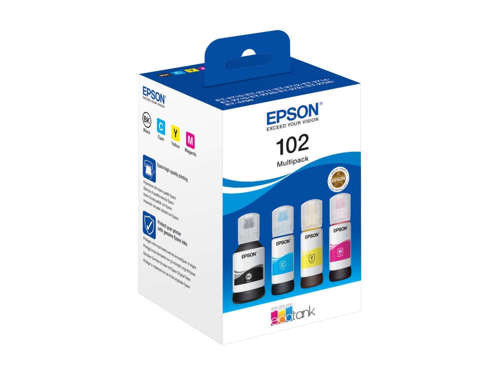 Epson 102 Multipack - 4 Pakker - Sort, Gul, Cyan, Magenta - Original - Blækpatron - For Ecotank Et-15000, 2750, 2751, 2756, 2850, 2851, 2856, 3850, 4