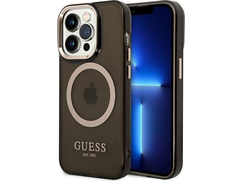 Hurtel Guess Guhmp14lhtcmk Iphone 14 Pro 6.1" Hardcase Schwarz/Schwarz Gold Outline Transparent Magsafe