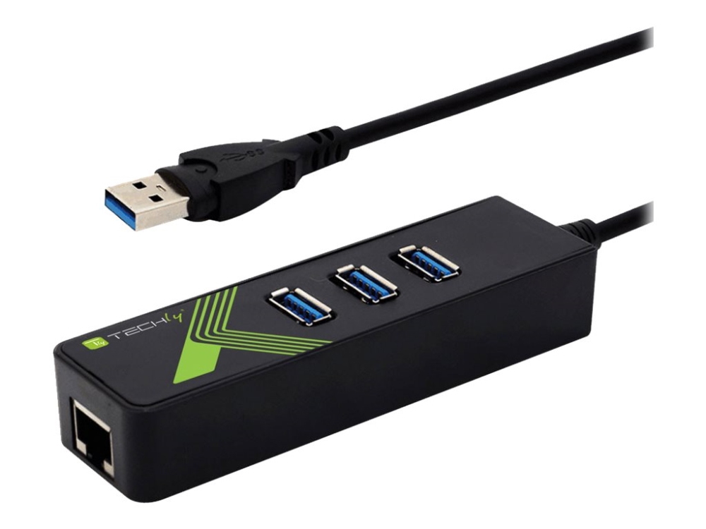 Techly Usb3.0 Gigabit Ethernet Adapter Converter With 3-Port Hub - Netværksadapter - Usb 3.0 - Gigabit Ethernet X 1 + Usb 3.0 X 3 - Sort