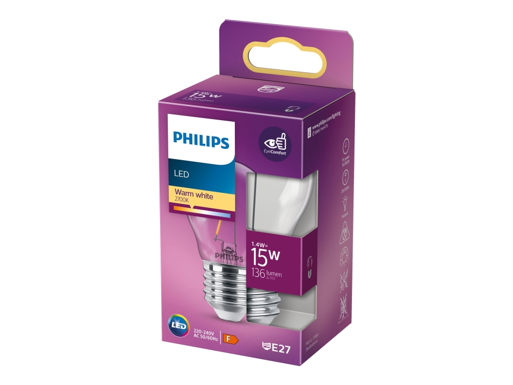 Philips Led Glödlampa Med Filament Form: P45 Klar Finish E27 1.4 W Motsvarande 15 W Klass F Varmt Vitt Ljus 2700 K
