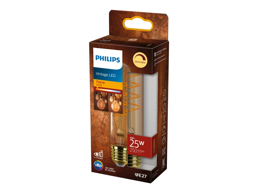 Philips Vintage Led Glödlampa Med Filament Form: T32 Klar Finish E27 4 W Motsvarande 25 W Flamljus 1800 K Guld