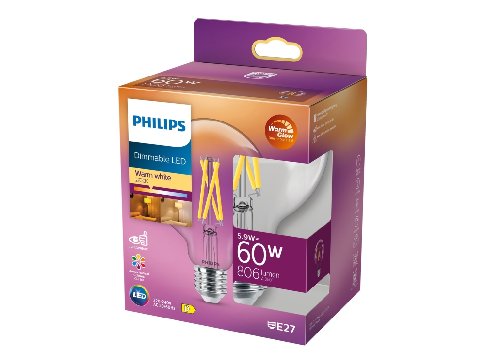 Philips - LED-glödlampa med filament - form: G93 - klar finish - E27 - 5.9 W (motsvarande 60 W) - varmt vitt ljus - 2700 K | Belysning - Ljuskälla - E27 Ljuskälla | GameStuff