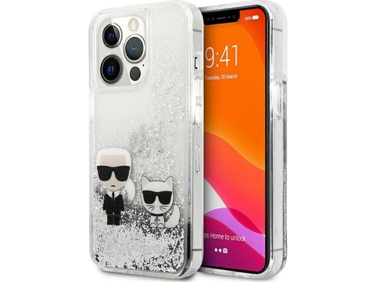 Karl Lagerfeld Liquid Glitter Karl&Choupette Cover Til Iphone 13 Pro / 13 6,1" - Sølv