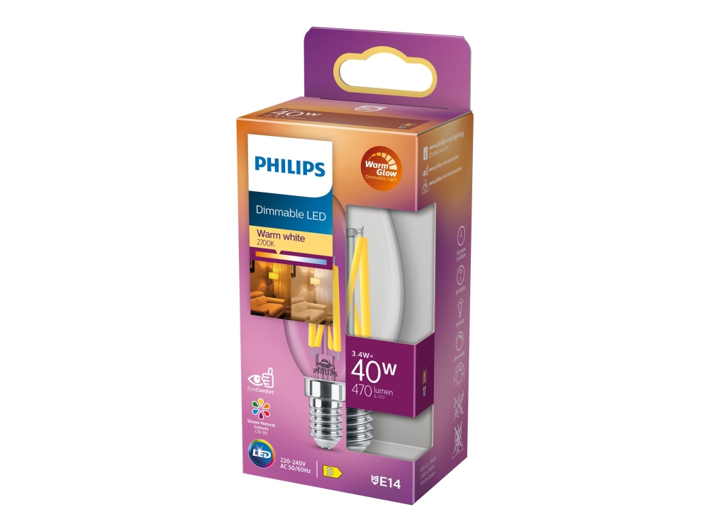 Philips - LED-filament-lyspære - form: B35 - klar finish - E14 - 3.4 W (tilsvarende 40 W) - klasse D - varmt hvidt lys - 2200-2700 K
