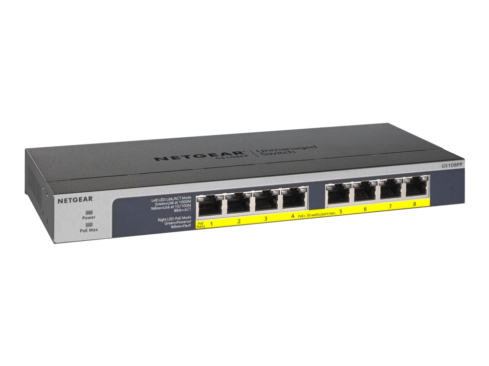 Netgear Gs108lp, Unmanaged, Gigabit Ethernet (10/100/1000), Power Over Ethernet (Poe), Rack-Einbau, 1U, Wandmontage