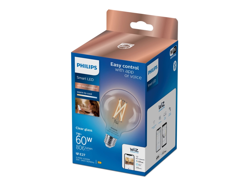 Philips Smart - LED-glödlampa med filament - form: G95 - klar finish - E27 - 7 W (motsvarande 60 W) - klass E - varmt till kallt vitt ljus - 2700-6500 K | Smarta hem - Smart belysning - E27 Smarta Lampor | GameStuff