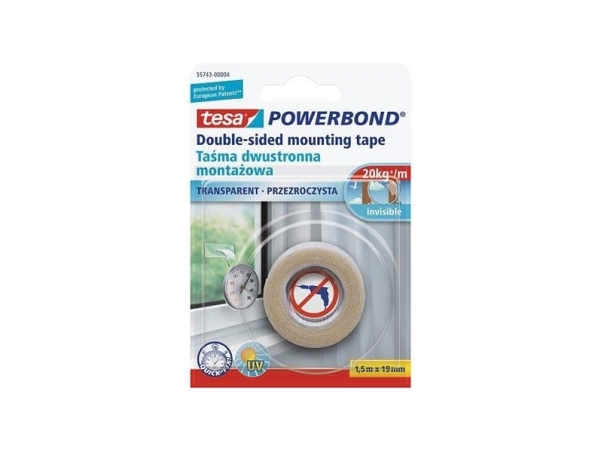 Selvklæbende tape Tesa, 19mmx1,5m, dobbeltklæbende, transparent, til indendørs arbejde 1114-206