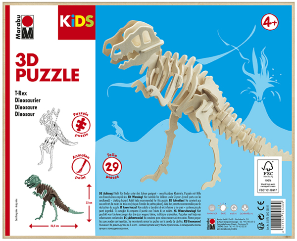 Marabu Kids T-Rex 3D-Puzzle, 29 (Bemalbare) Teile