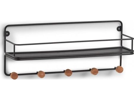 Zeller seinähylly koukuilla, metalli / puu, musta, 45x11.8x18 cm