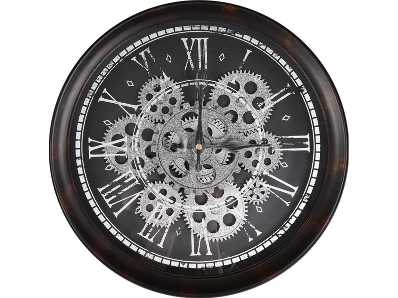 Vilde Wanduhr Anhänger Industrie Rund Schwarz Silber Bewegliches Räderwerk Loft 35 Cm