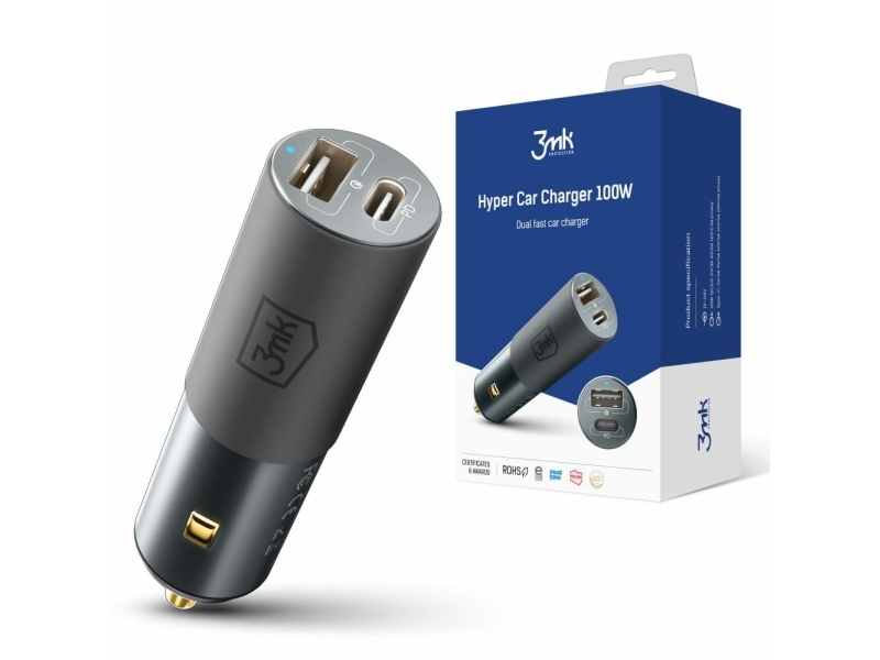 3mk Hyper Car Charger USB-C USB-A 100W - Silver
