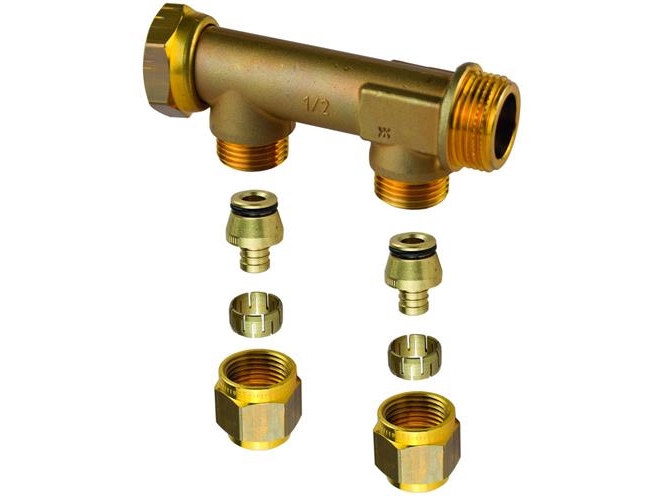 Uponor Aqua PLUS fordelerrør. Fast muffe. PEX WTR DR G3/4 MT/FT 4x15mm pex klemrings koblinger c/c 50mm. Afzinkningsfri messing.