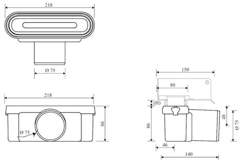 Unidrain udløbshus Ø75 1411 - linje. Vandret. inkl. vandlås