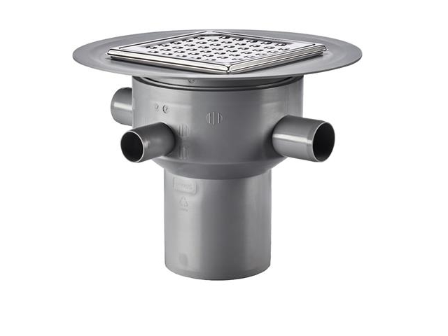 PURUS Multiflex Ø110 mm PP plast afløbsskål med lodret udløb og flange til smøremembran, 3 sideindløb: 1 x Ø32mm & 2x Ø40mm