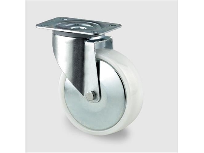 Kääntöpyörä, polyamidi, Ø80 mm, 200 kg, liukulaakeri, levyllä Rakennekorkeus: 108 mm. Käyttölämpötila: