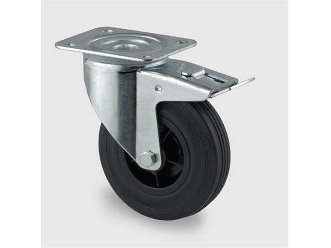 Drejeligt hjul m/ bremse sort massiv gummi Ø160 mm 135 kg rulleleje med plade Byggehøjde: 200 mm. D