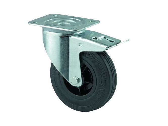 Drejeligt Hjul M/ Bremse Sort Massiv Gummi Ø200 Mm 200 Kg Rulleleje Med Plade Byggehøjde: 240 Mm.