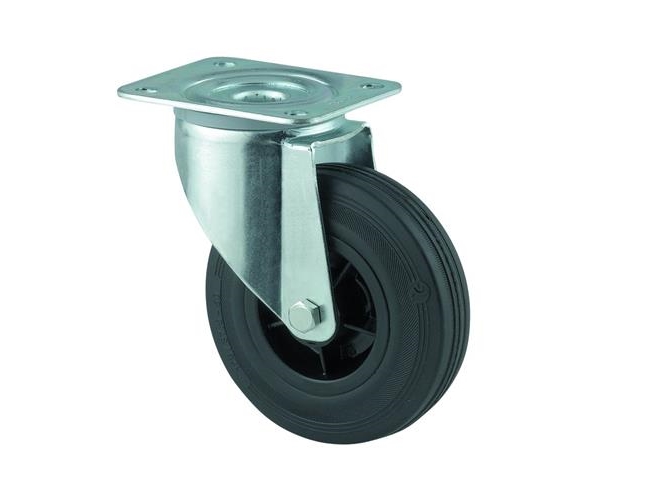 Drejeligt hjul sort massiv gummi Ø160 mm 135 kg rulleleje med plade Byggehøjde: 200 mm. Driftstempe