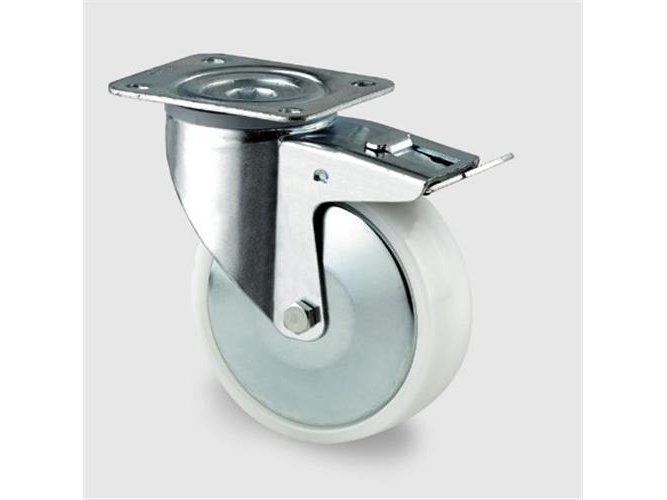 Drejeligt Hjul M/ Bremse Polyamid Ø100 Mm 200 Kg Glideleje Med Plade Byggehøjde: 128 Mm. Driftstempe