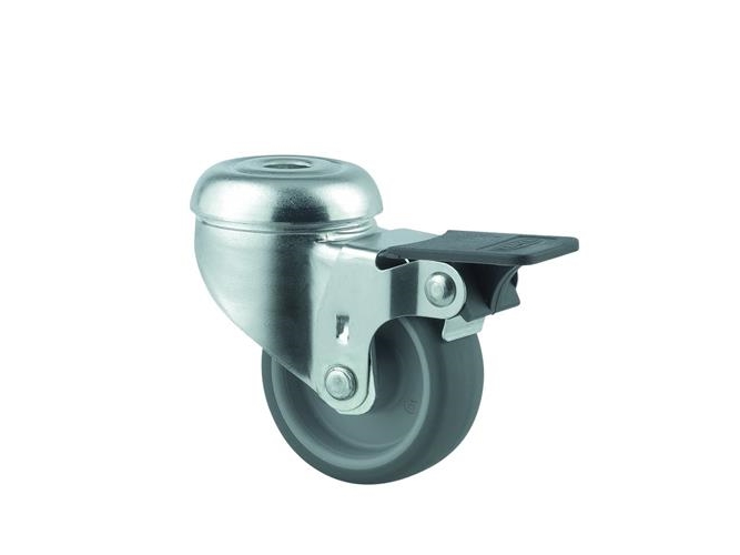 Drejeligt Hjul Med Bremse Gummi 50 Mm 50 Kg Glideleje Med Bolthul Byggehøjde: 69 Mm. Driftstemperatu