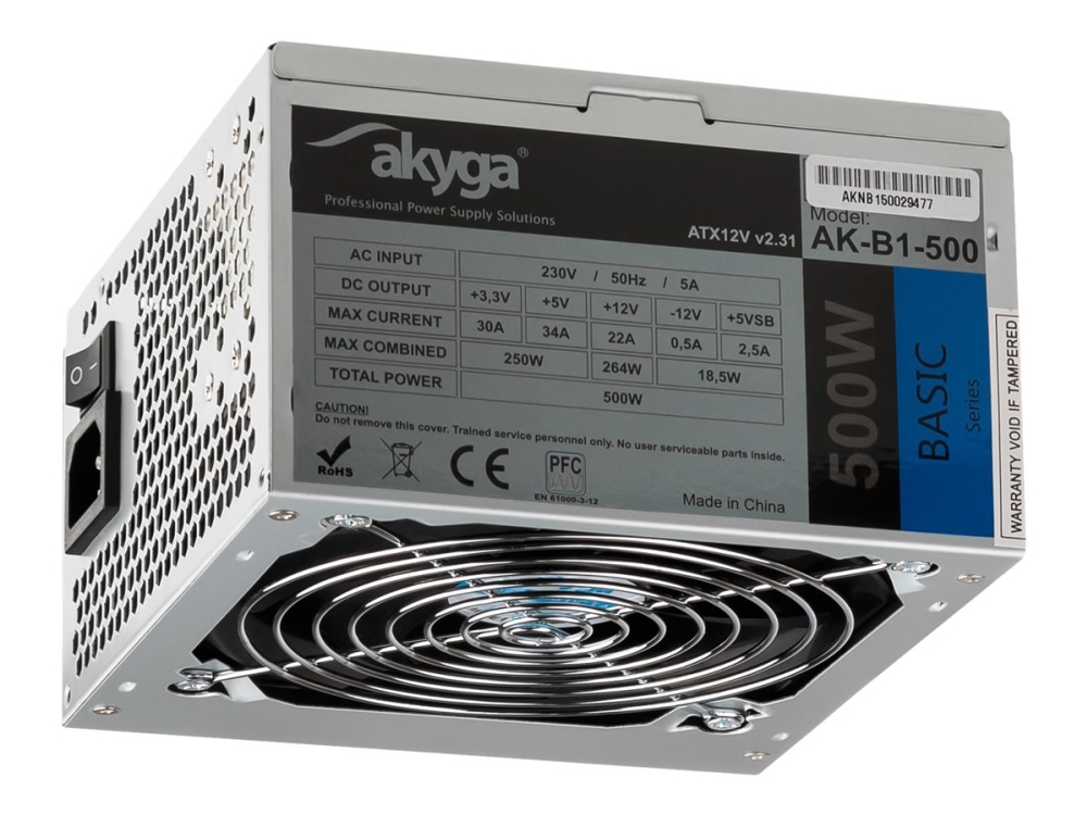Akyga Basic Series Ak-B1-500 - Strømforsyning (Intern) - Atx12v 2.31 - Ac 230 V - 500 Watt - Pfc - Grå