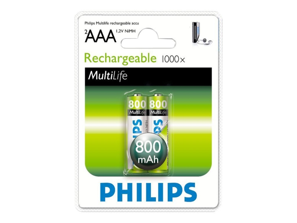 Philips Rechargeables Akku R03b2a80/10, Wiederaufladbarer Akku, 1,2 V, 800 Mah, 2 Jahr(E), Cd (Cadmium), Hg (Quecksilber), 36 G