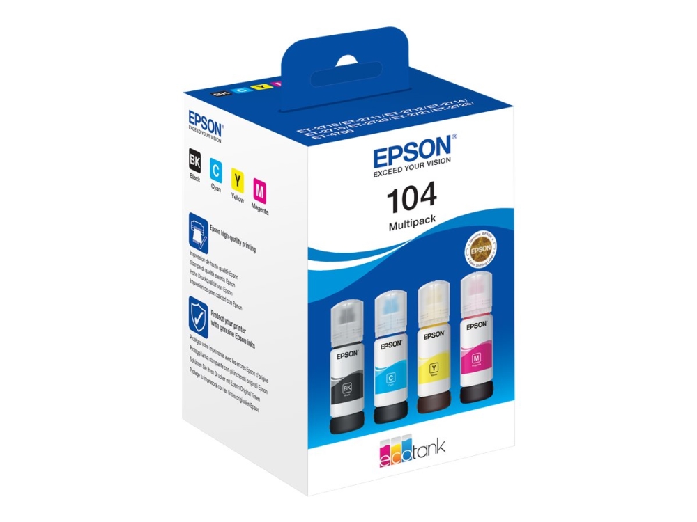 Epson Ecotank 104 - 4 Pakker - Sort, Gul, Cyan, Magenta - Original - Blækrefill - For Ecotank Et-14100, 1810, 2721, 2810, 2811, 2812, 2814, 2815, 282