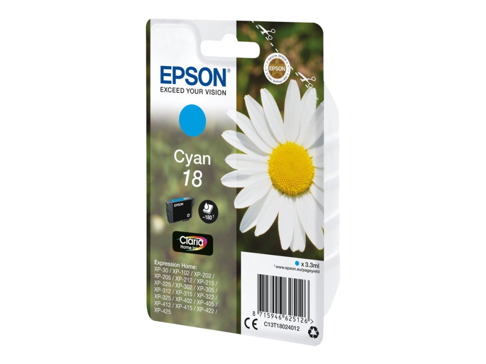 Epson 18 - 3.3 Ml - Cyan - Original - Blækpatron - For Expression Home Xp-212, 215, 225, 312, 315, 322, 325, 412, 415, 422, 425