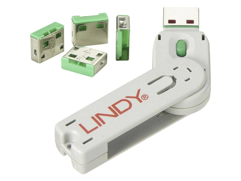 Lindy 40451, Portblockerare + nyckel, USB Type-A, Grön, Akrylnitrilbutadienstyren (ABS), 5 styck, Polypåse | Datortillbehör - Övriga datortillbehör - Övriga tillbehör | GameStuff
