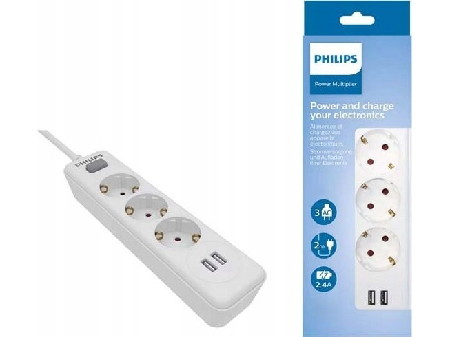 Philips Strømskinne/Forlænger Spn3032wa/60 Hvid Med 3 Stik 2Xusb 2 M