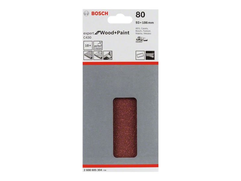 Bosch Expert for Wood and Paint C430 - Sandpapirssæt - for træ, maling - 10 stykker - rektangulær - kornstørrelse: 80 - 93 mm x 186 mm