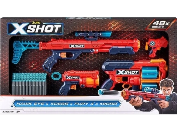 Schaumstoff Dart Blaster Pack Zuru X-Shot Excel Combo Pack - Hawk Eye + Xcess + Fury 4 + Micro Launcher 48 Darts (36585)