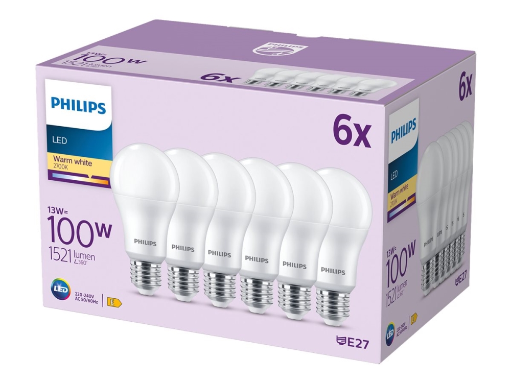 Philips Lampe 100W A65 E27 X6, 13 W, 100 W, E27, 1521 Lm, 15000 H, Warmweiß