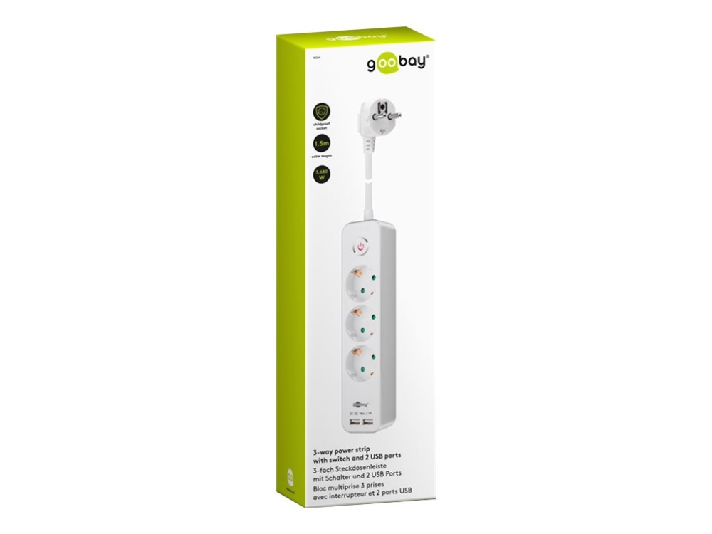 goobay - Stikdåse - AC 230 V - 3680 Watt - input: power CEE 7/7 - output-stikforbindelser: 3 (2 x USB, 3 x CEE 7/4) - 1.5 m ledning - hvid