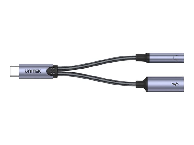 Unitek - USB-C till hörlursuttag/laddningsadapter - 24 pin USB-C hane till minijack, 24 pin USB-C hona - 14 cm - rymdgrå - USB Power Delivery (60W) | EL Artiklar - Verktyg för EL - Test- och kontrollutrustning | GameStuff