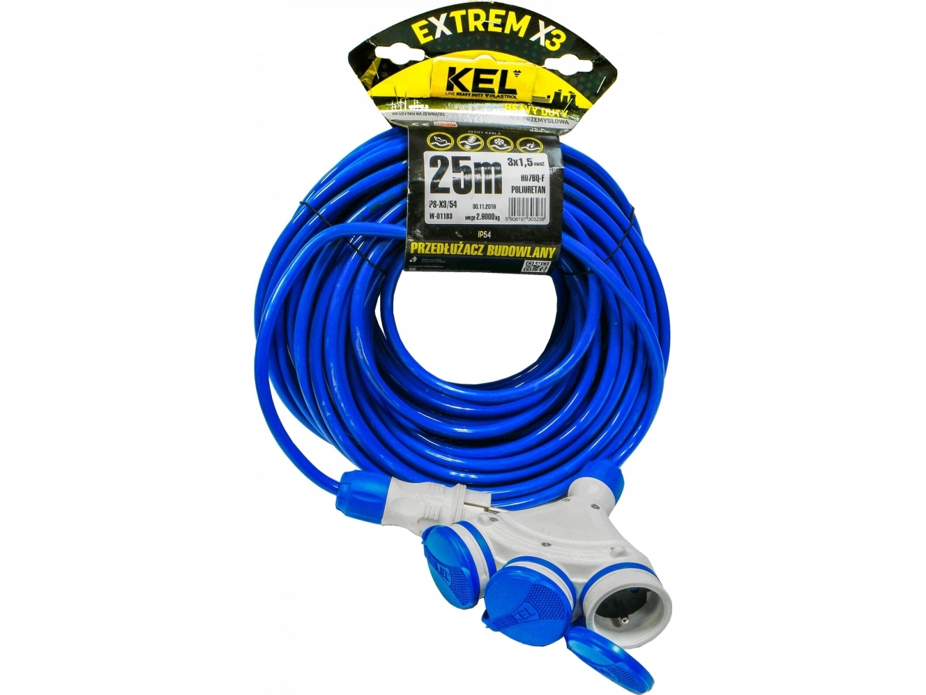 Kel Bauverlängerung 3-Fach Schutzkontakt 25M /H07bq-F 3X1,5/ Ip54 Grau/Blau W-01183