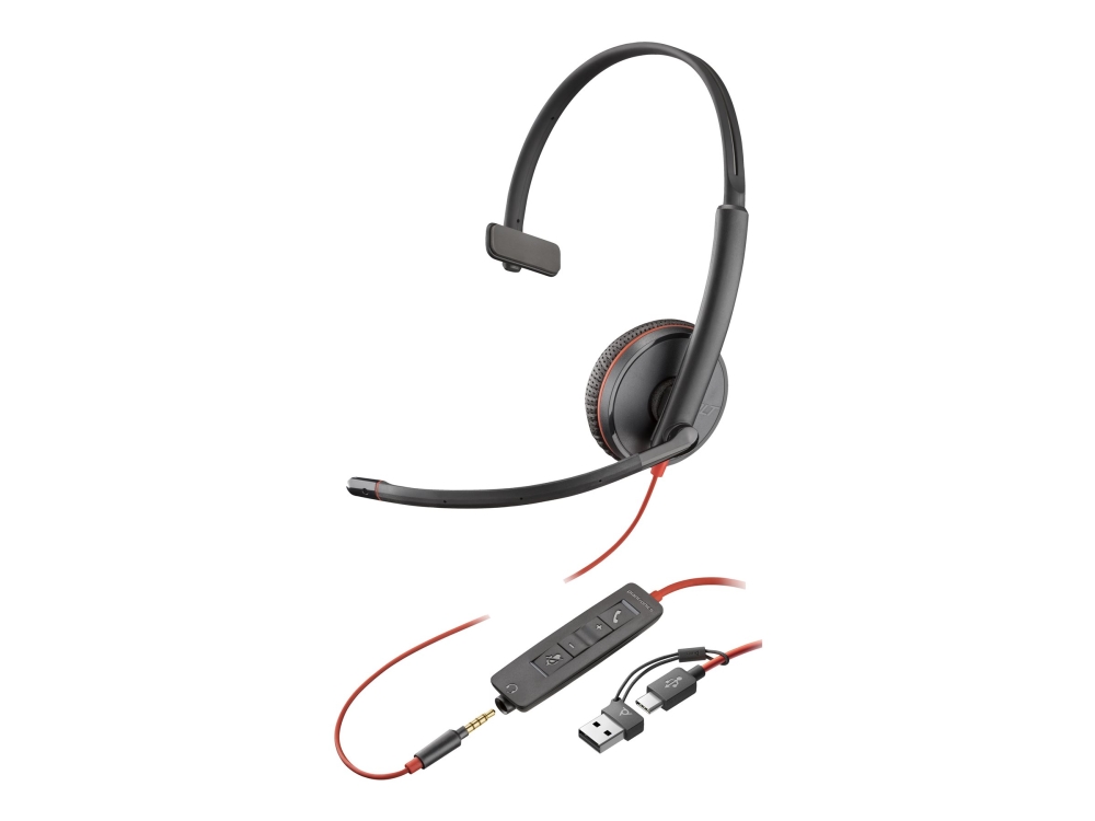 HP Poly Blackwire 3215 - Blackwire 3200 Series - headset - på örat - kabelansluten - 3,5 mm kontakt, USB-C - svart - Certifierad för Skype for Buisness, Avaya-certifierad, Cisco Jabber-certifierad, UC-certifierad