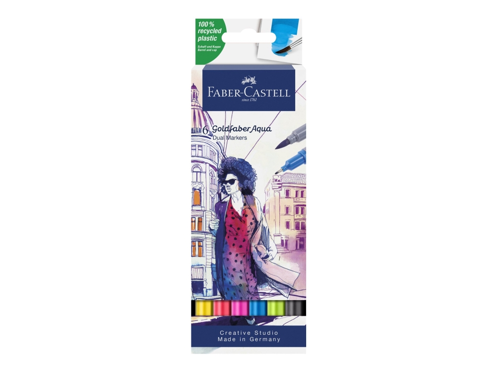 Faber-Castell Creative Studio Goldfaber Aqua - Børstepen og fineliner-kombo - assorterede farver - vandbaseret farveblæk - 4 mm (pakke med 6)