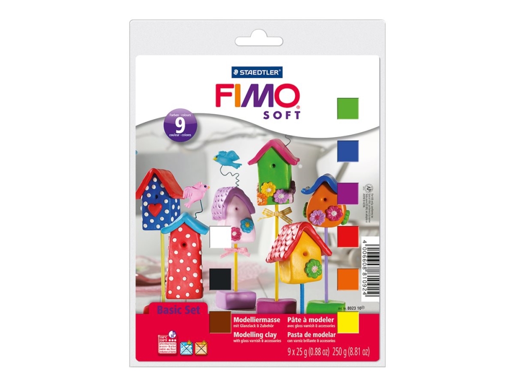 FIMO Soft - Ler til modellering - 225 g - sort, hvid, lilla, mandarin, citron, chokolade, brilliant blå, tropegrøn, indisk rød