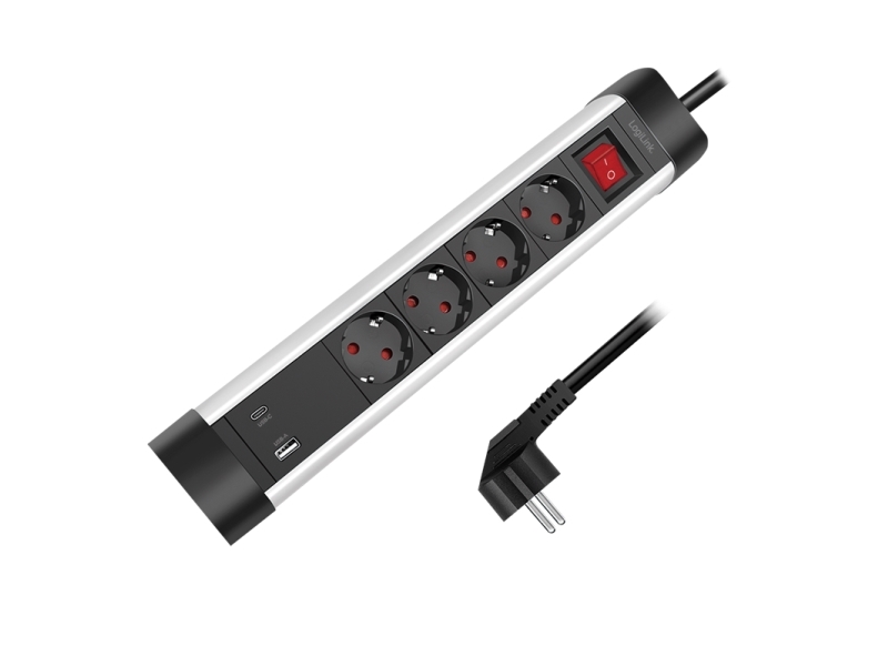 Logilink Outlet Strip, 4 Safety Sockets, W/ Usb-A & Usb-C Port, Aluminum, Desktop