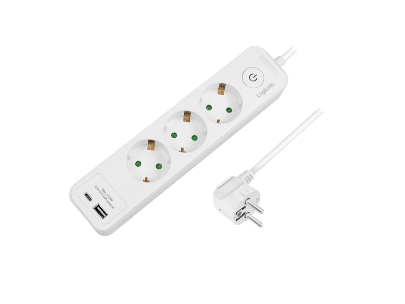 Logilink Outlet Strip, 5 Safety Sockets, W/ 1X Usb-A, 1X Usb-C Port, White