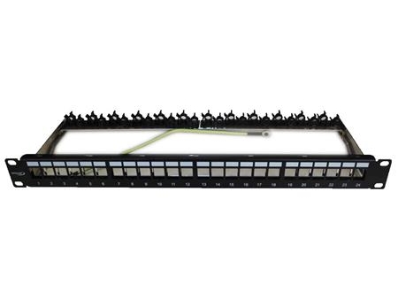 Patchpanel 19 1HE, 24 porte for Csslr Plus UTP / FTP Tool-less keystone konnektor, Easy-Clip, farve: sort incl. 4mm² jordledning